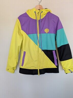 Nomis Ski/Snowboard Jacket Womens Medium Yellow Purple Colorblock Hooded Retro